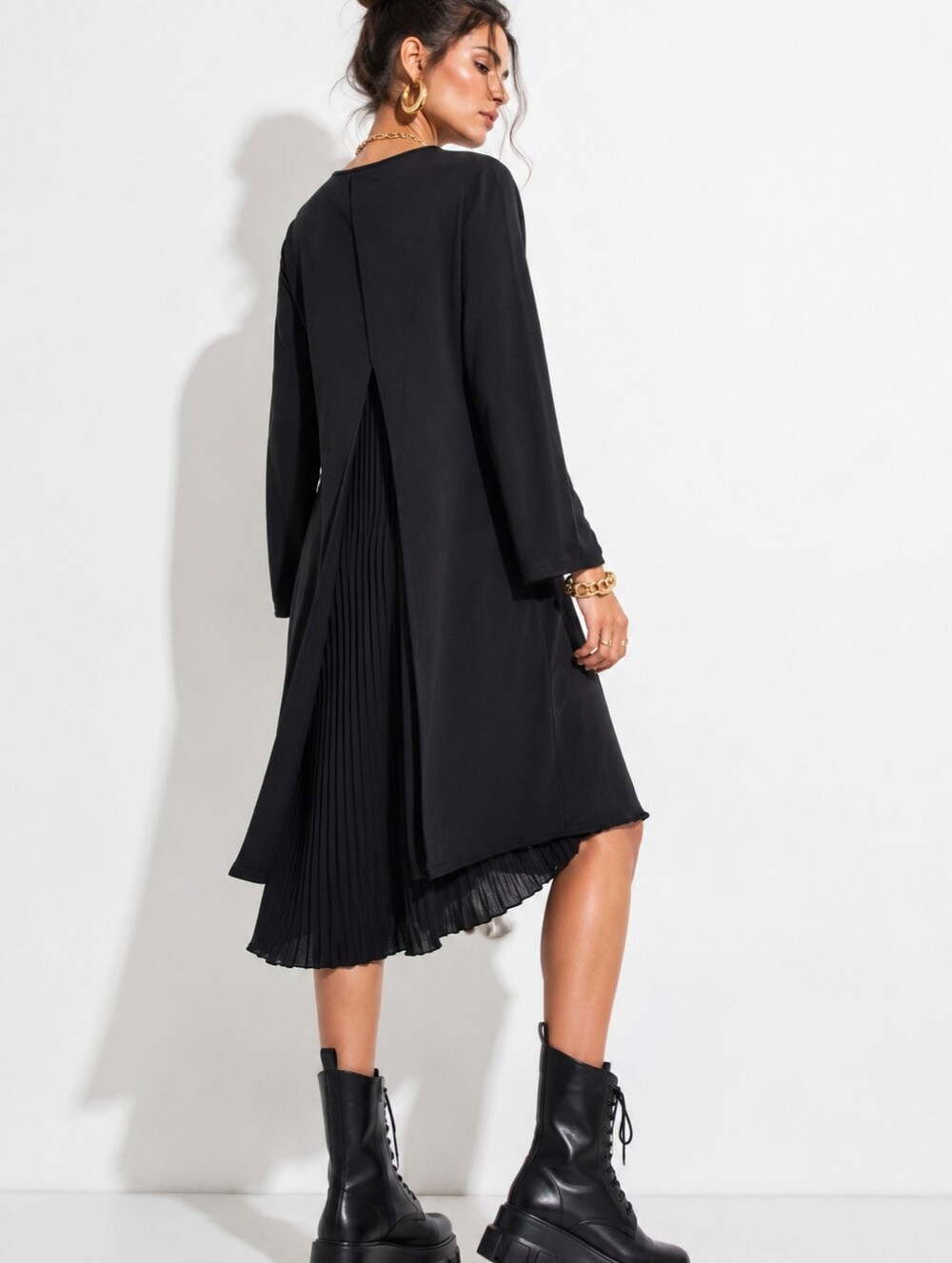 Italian Designer Black Long Sleeve Tunic Dress Back Slit Accordion Pleating Med